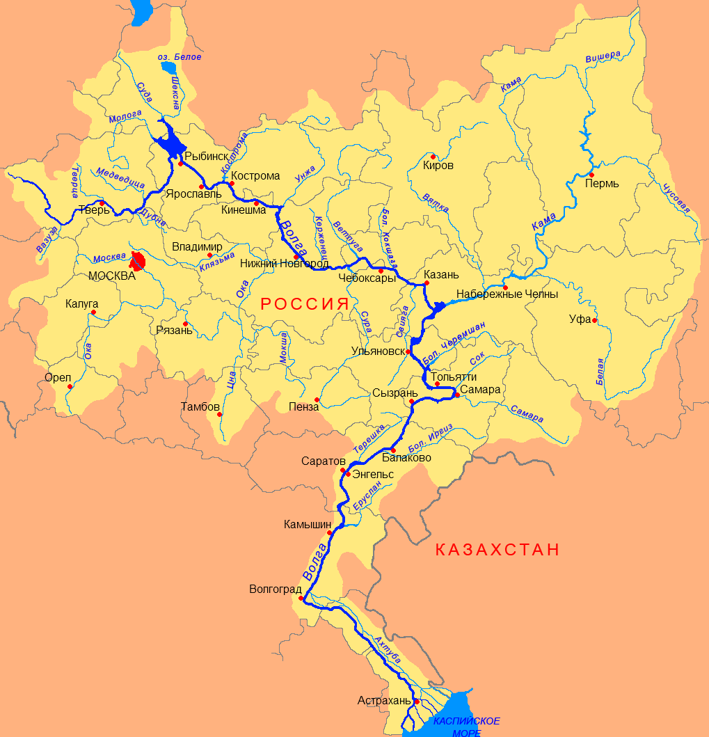 Карта течения волги с городами